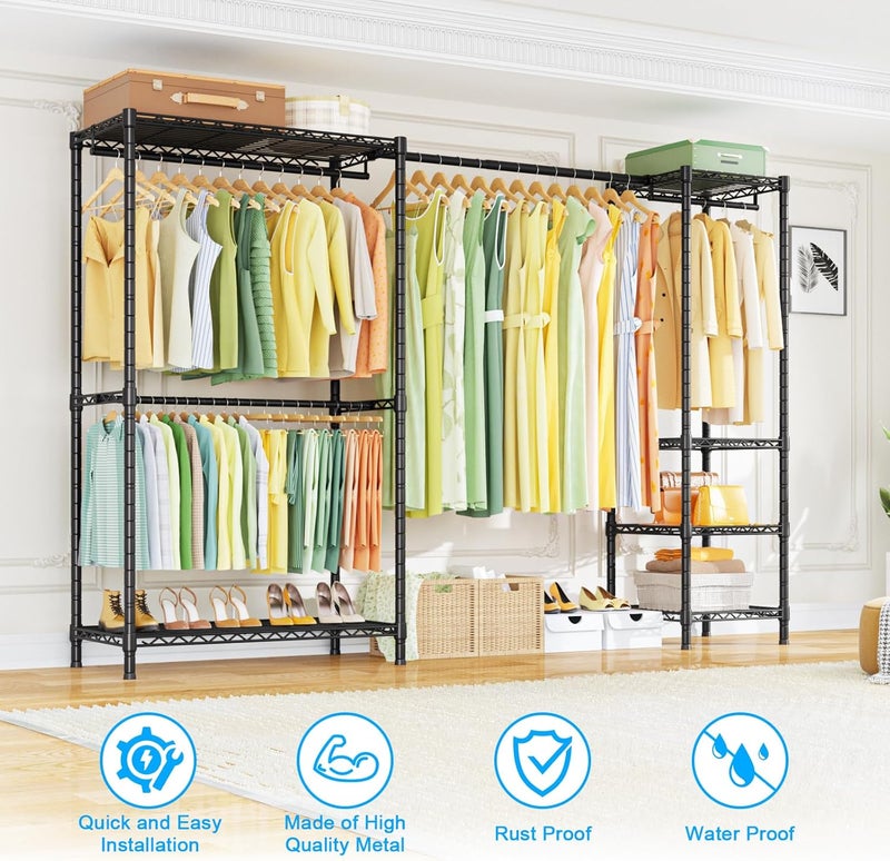 Ulif E10 Clothes Rack（With Stretchable Hanger Rod）Freestanding Clothing Racks for Hanging Clothes，Adjustable Closet Organizer System，Portable Garment Rack 73-97"W x 15" D x 72" H，Max Load 800LBS，Black - Image 3